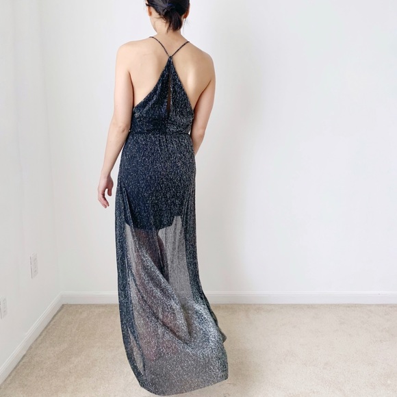 BLACK SHEER GLITTER HIGH CUT MAXI DRESS - Picture 8 of 16